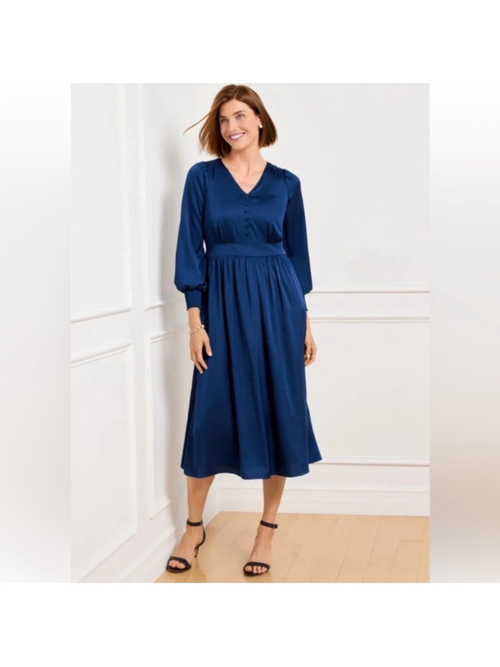 Talbots Deep Blue V-Neck Midi Dresss with Sleeves
